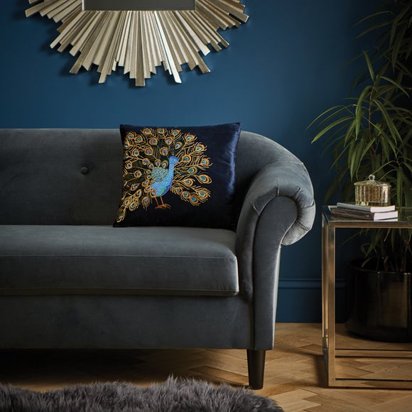 Navy Embroidered Peacock Cushion | Dunelm