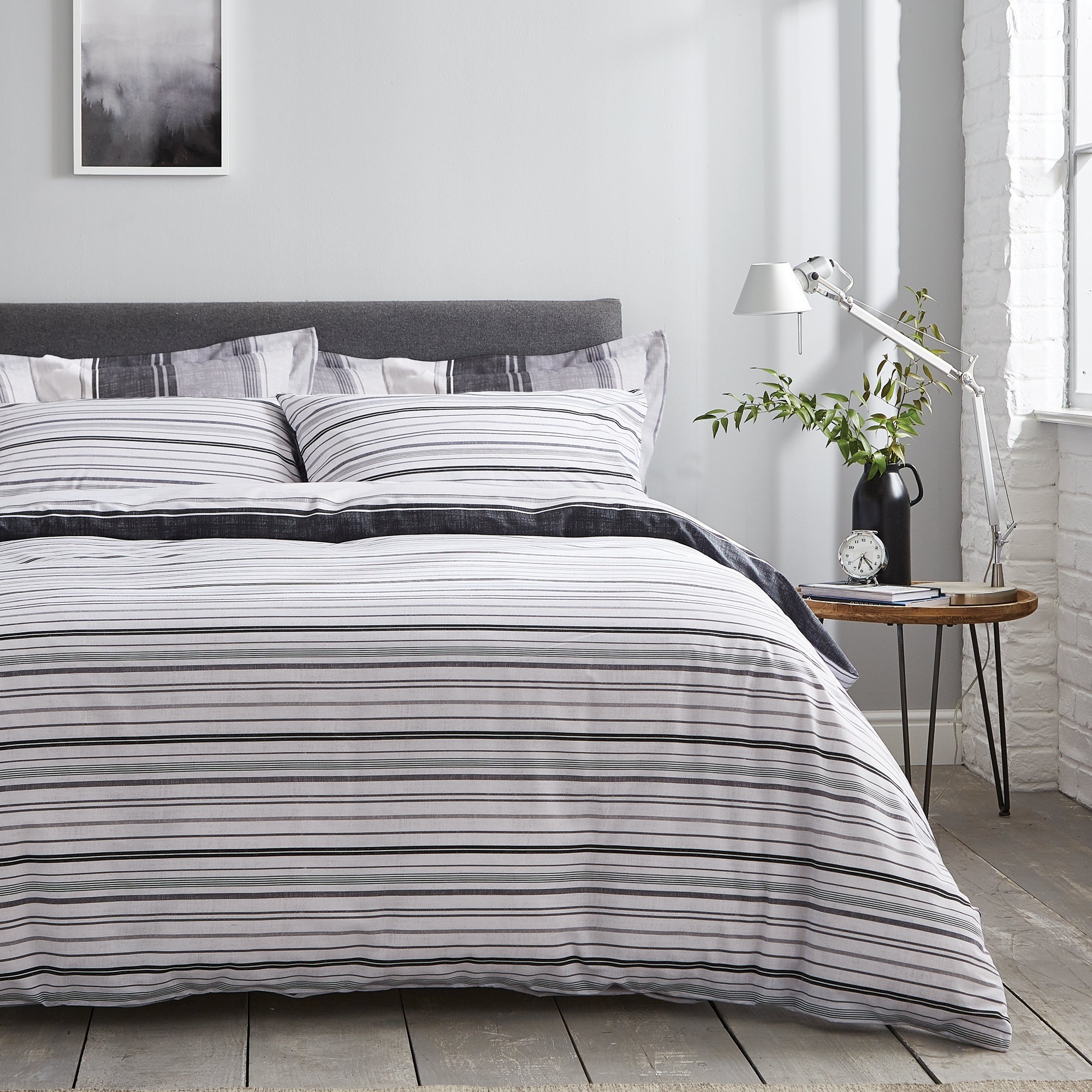 Ellis Grey Stripe Reversible Duvet Cover and Pillowcase Set | Dunelm