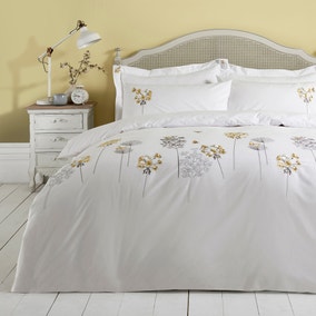 Hydrangea Floral Ochre Embroidered Duvet Cover and Pillowcase Set