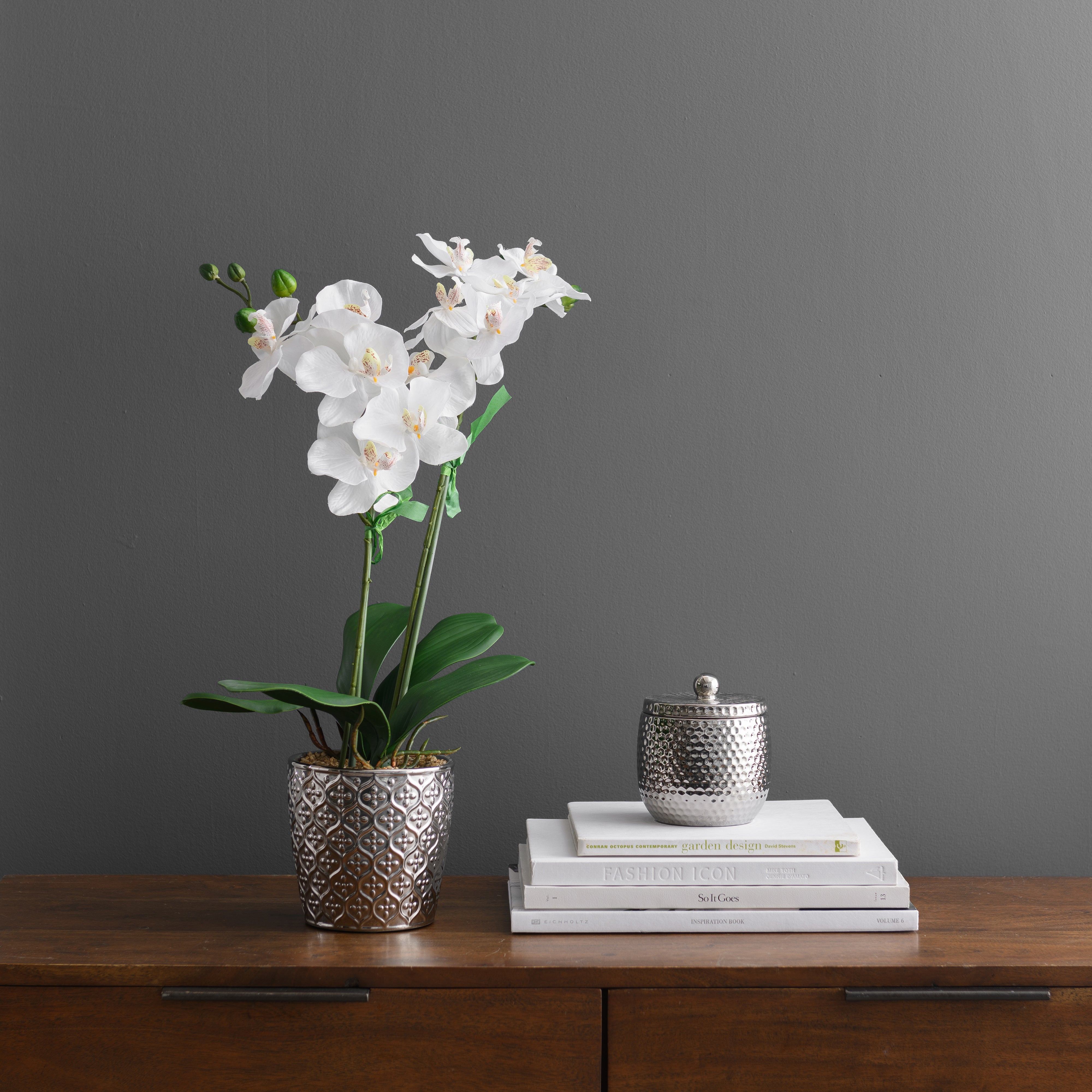 Artificial Orchid White In Silver Pot 28cm | Dunelm