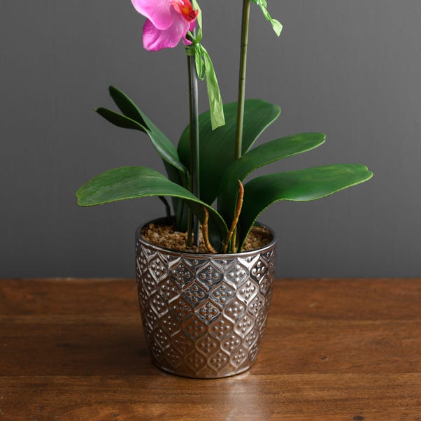 Artificial Orchid Pink in Silver Vase 28cm Pink