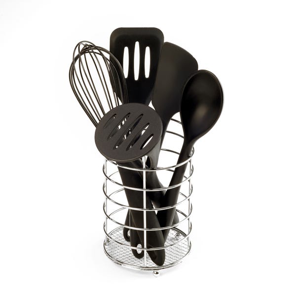 Silicone Utensils with Chrome Stand Black