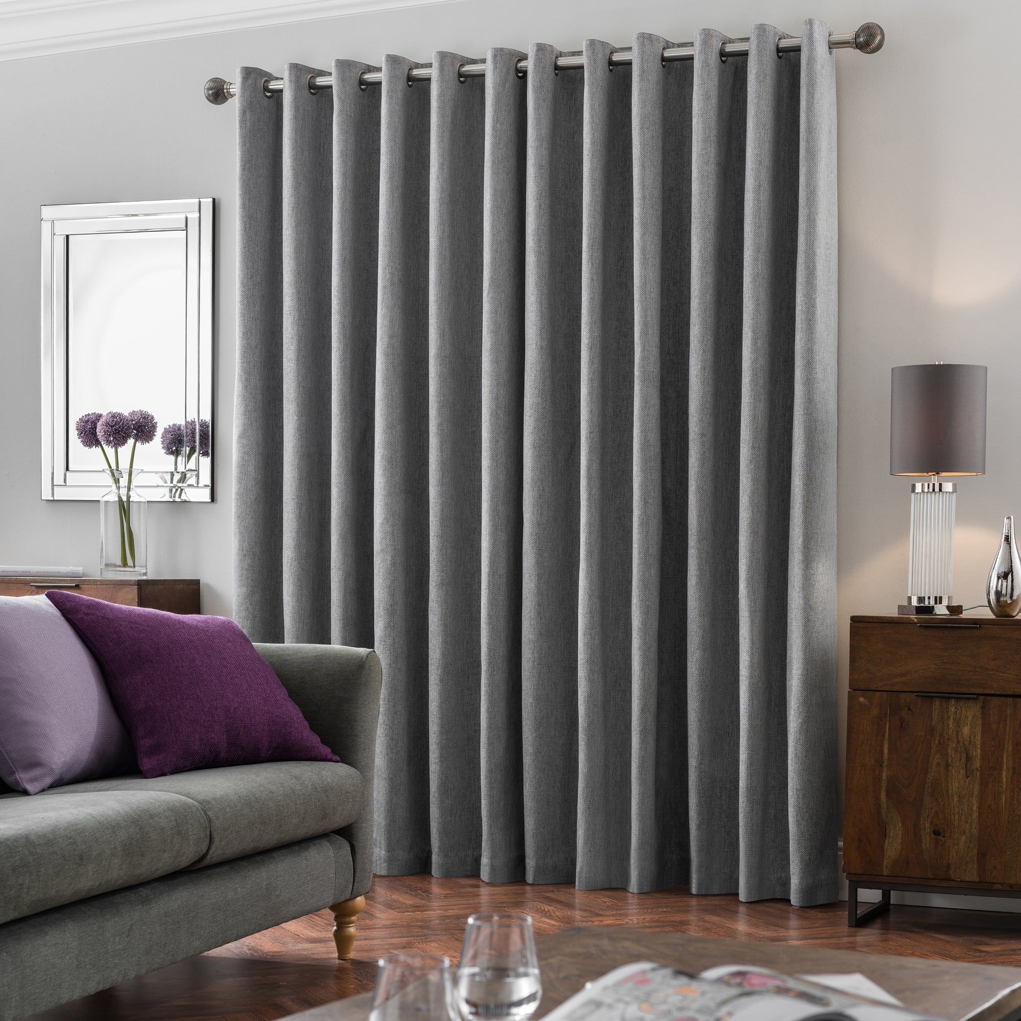 Oxford Dove Grey Chenille Eyelet Curtains | Dunelm