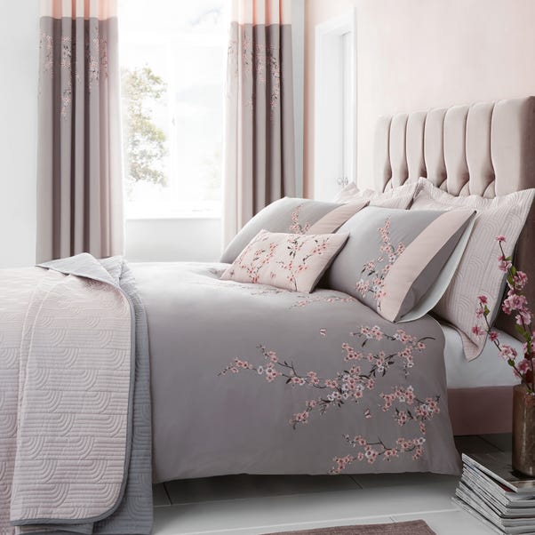 Catherine Lansfield Embroidered Blossom Grey Duvet Cover and Pillowcase