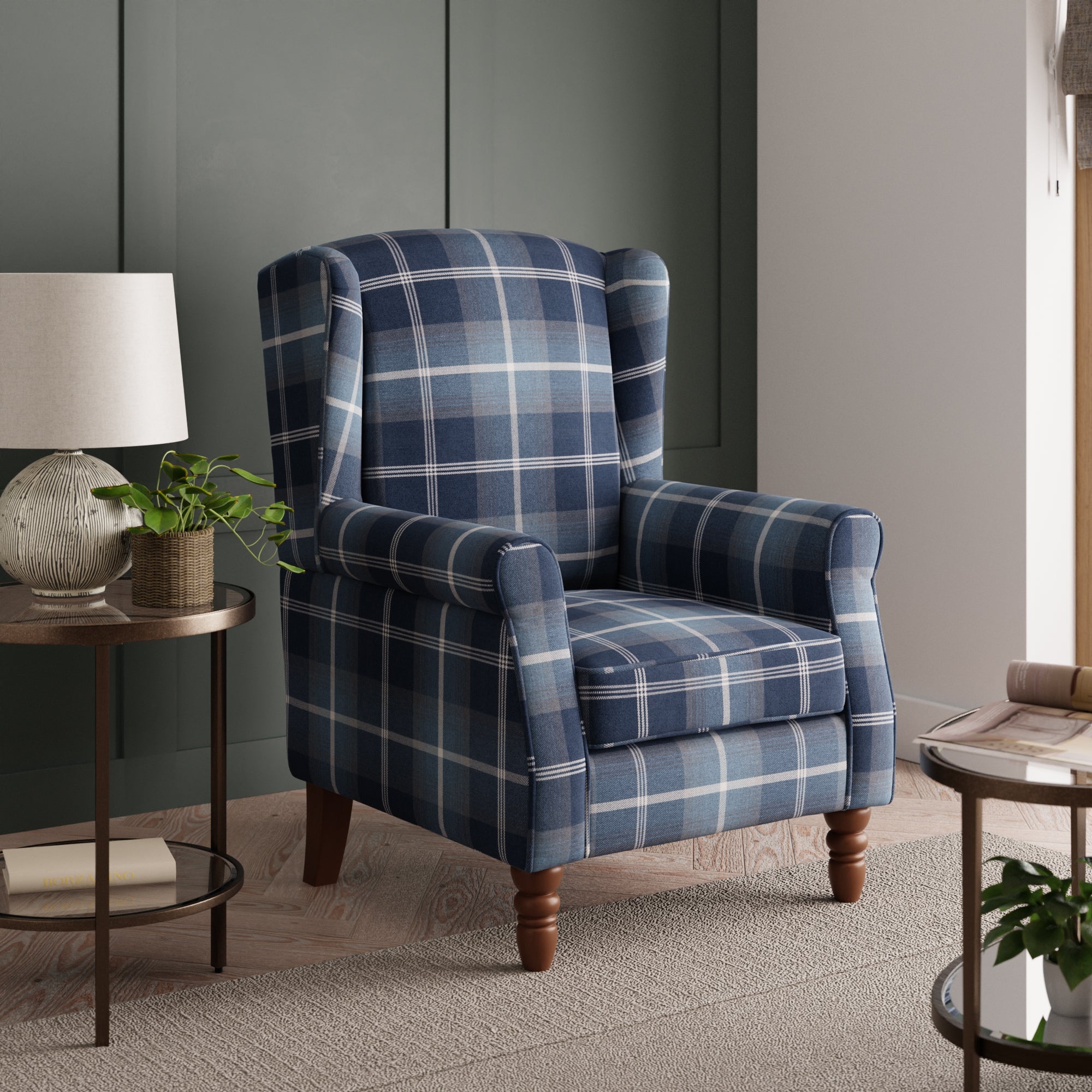 Oswald Check Wingback Armchair Bluebeigewhite