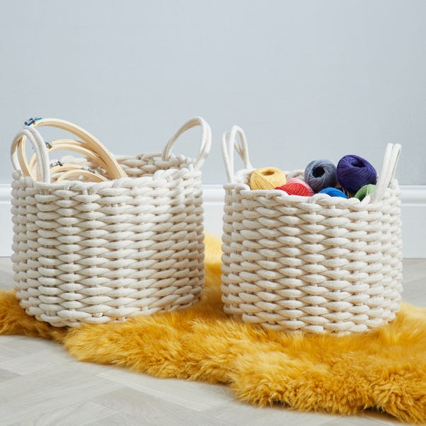 Set of 2 Round Knitted Cream Storage Baskets