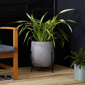 Fibre Clay Grey Plant Pot with Metal Stand