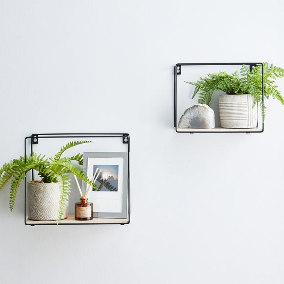 2 Metal Framed Black Wall Shelves | Dunelm