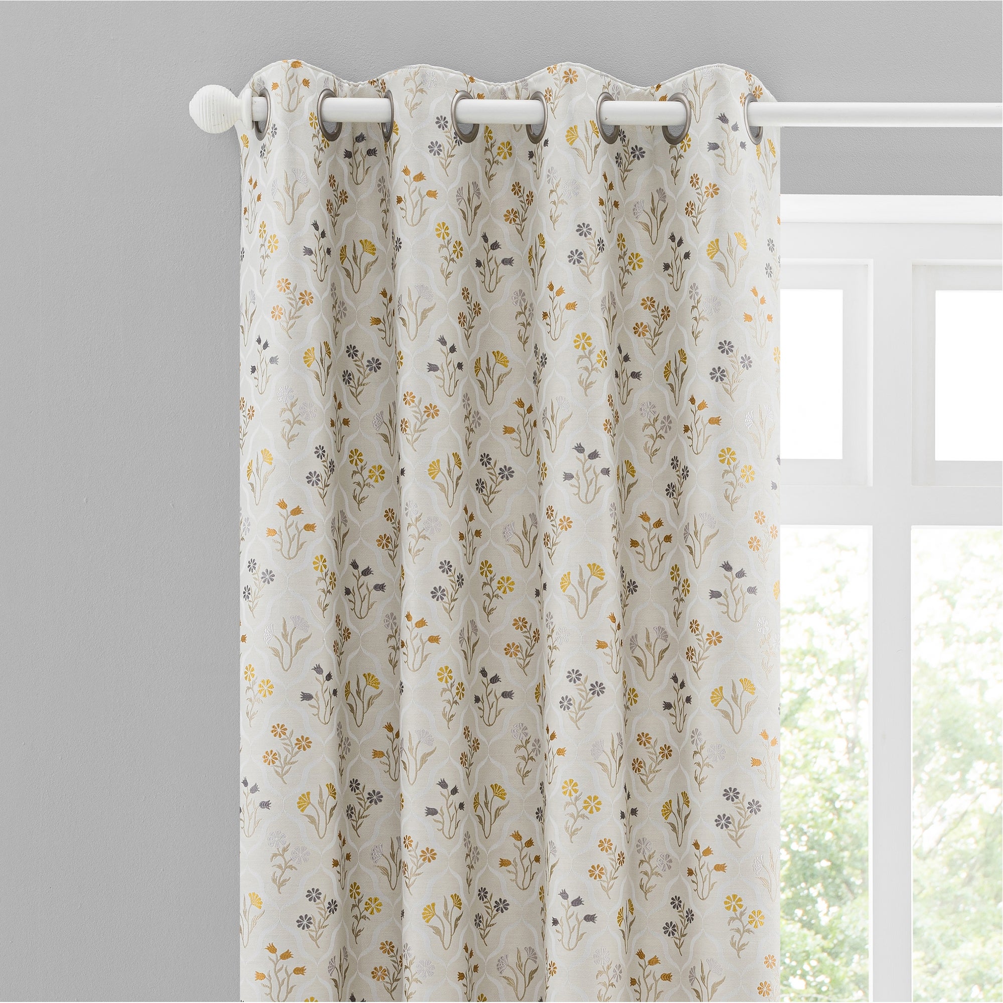 Fleur Floral Jacquard Ochre Eyelet Curtains Cream Yellow and Blue