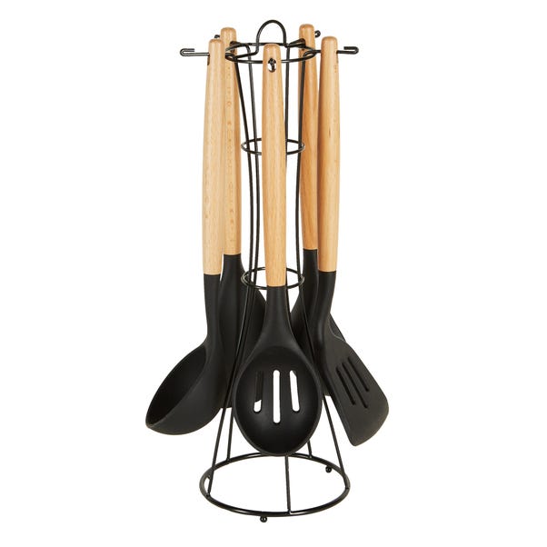 Black Silicone And Wooden Kitchen Utensils Set Dunelm