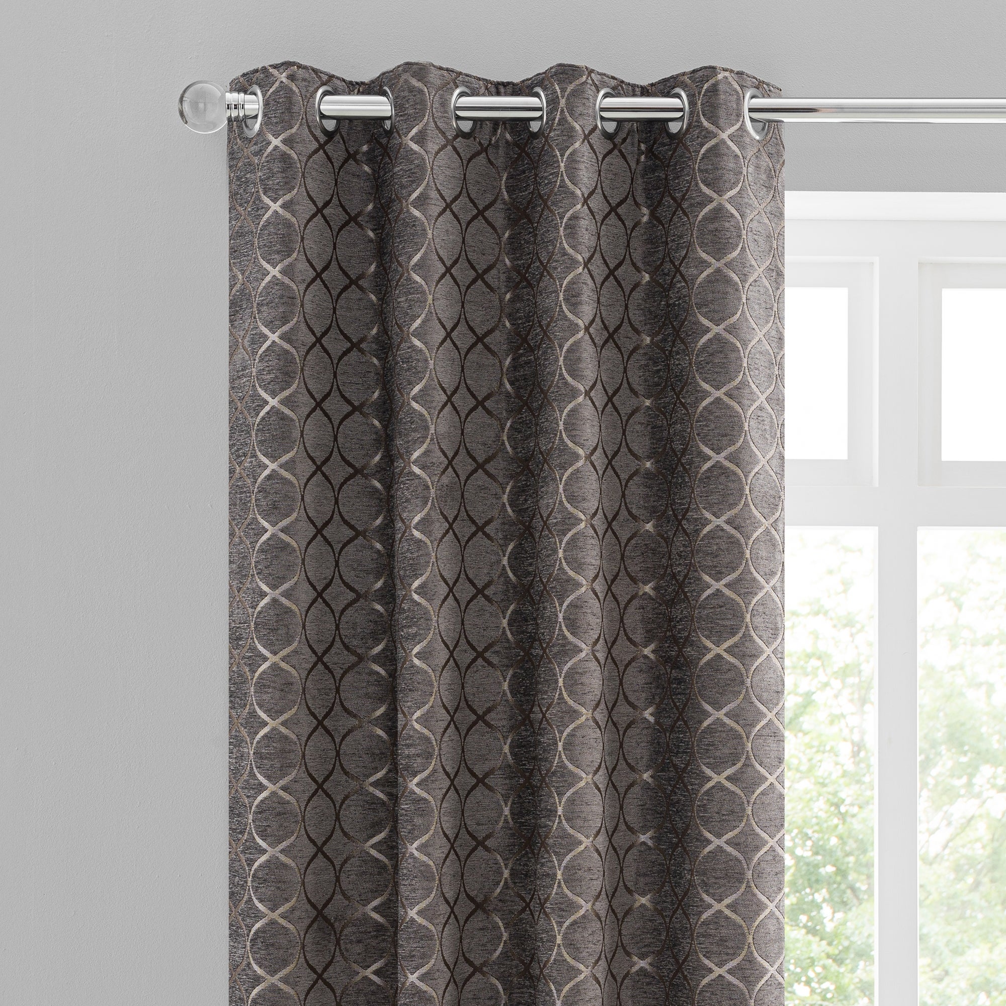 Chenille Ogee Charcoal Eyelet Curtains Grey