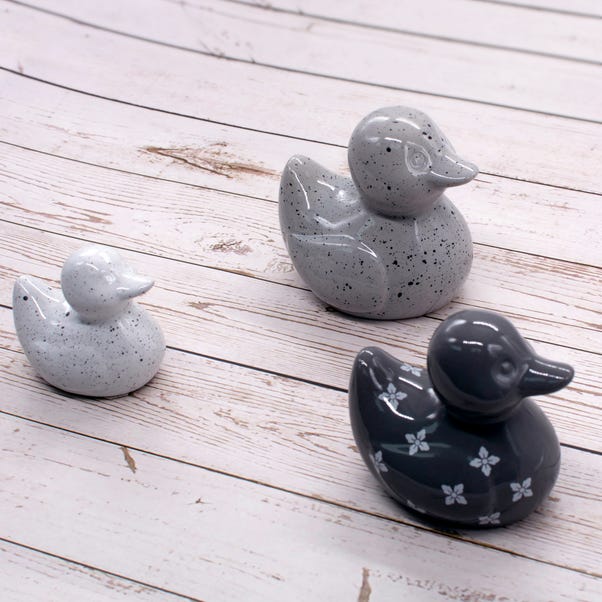 Set of 3 Geo Grey Ceramic Ducks image 1 of 4