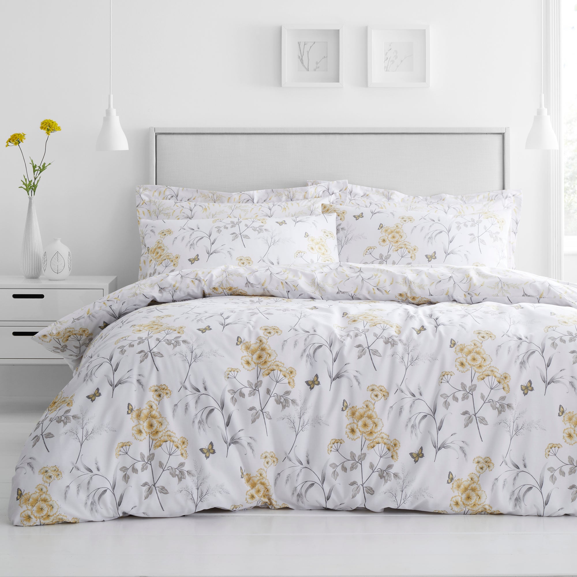 Maria Ochre Reversible Floral Duvet Cover And Pillowcase Set White