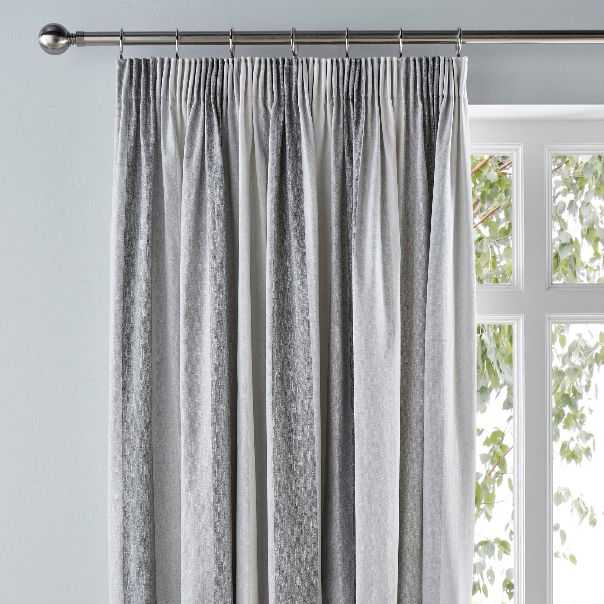 Wide Stripe Grey Pencil Pleat Curtains Dunelm