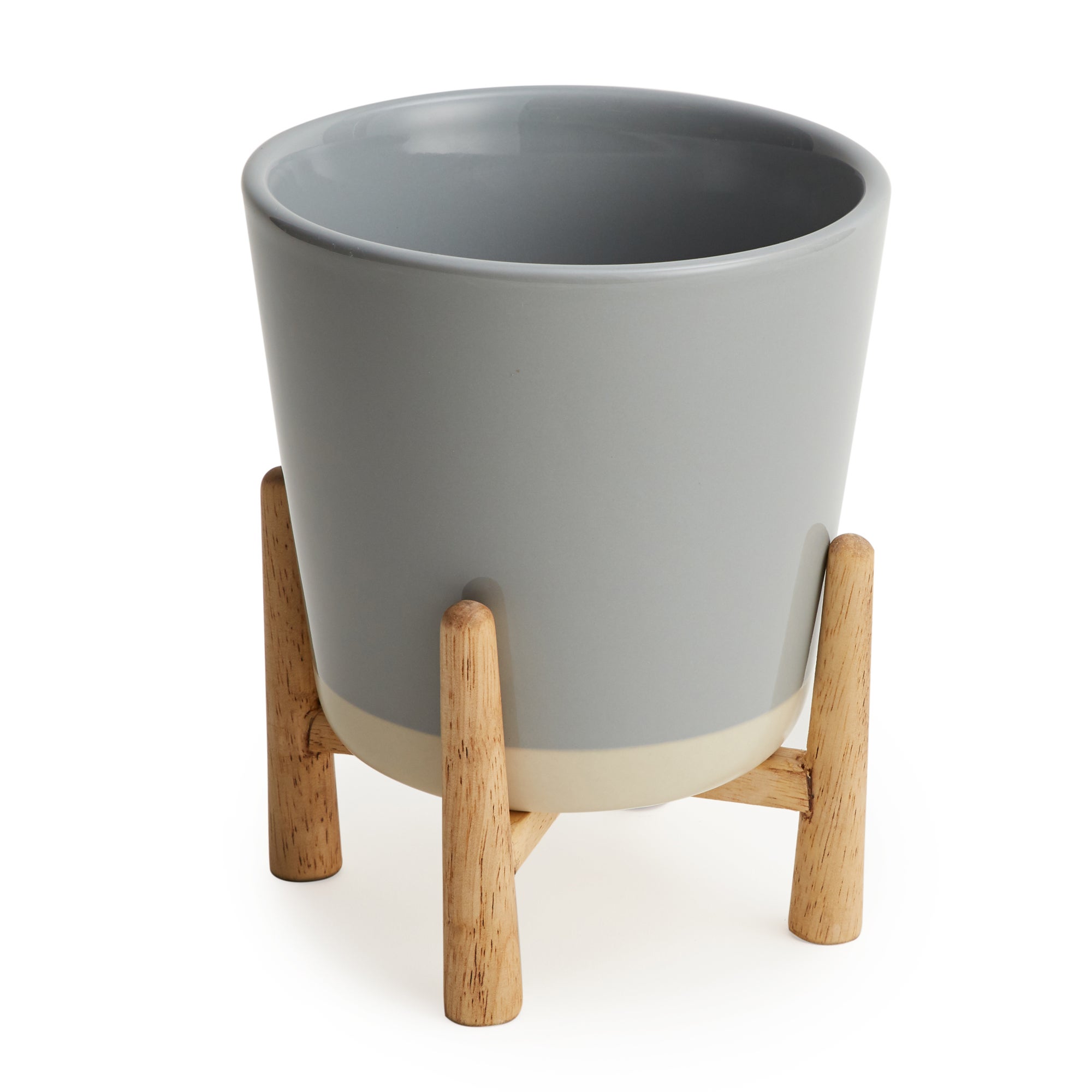 Grey Ceramic Planter and Wood Stand | Dunelm
