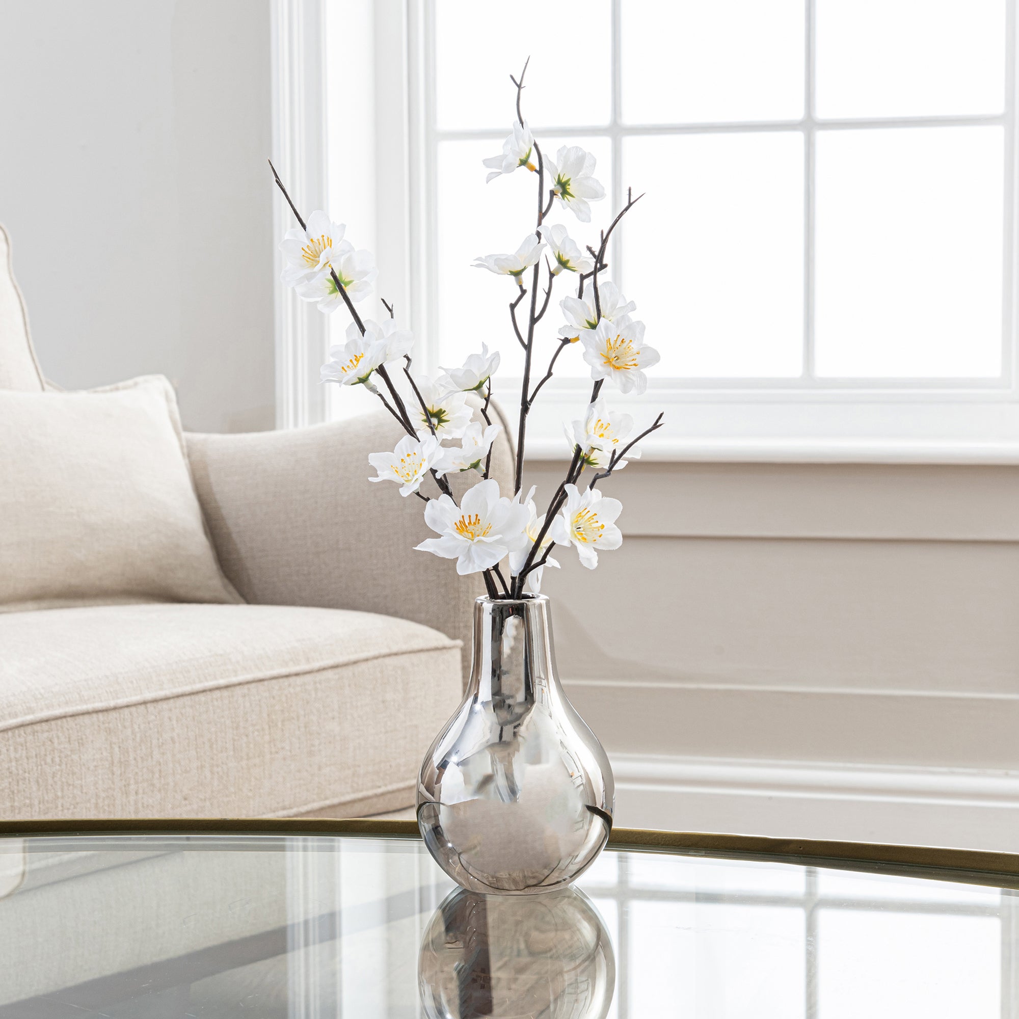 Artificial Cream Blossom in Silver Metallic Vase