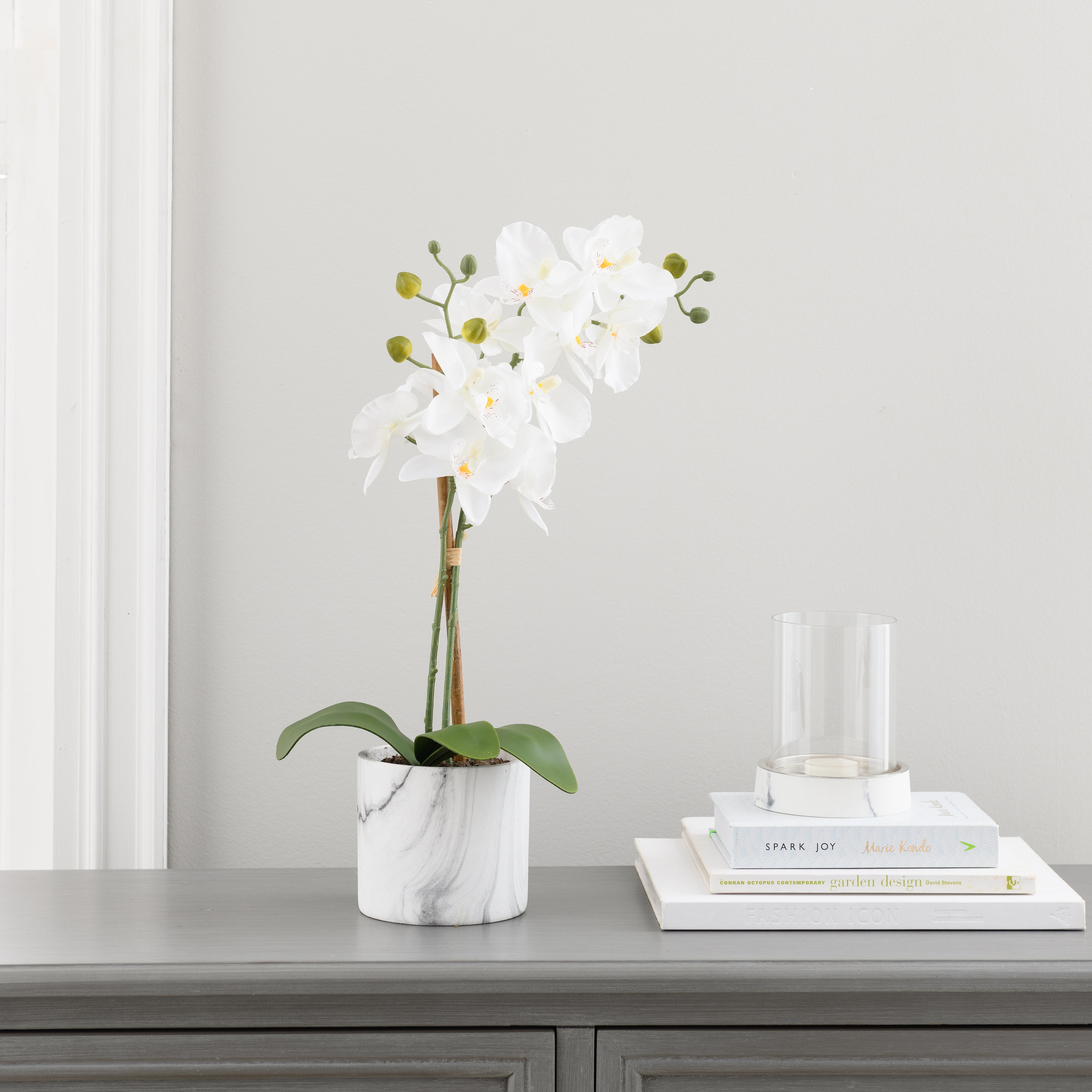 Artificial Cream Orchid in Marble Plant Pot