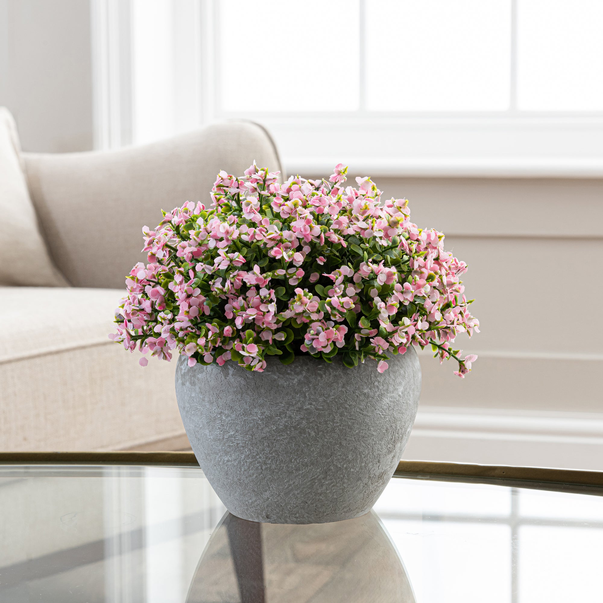 Artificial Pink Flowers in Grey Cement Plant Pot