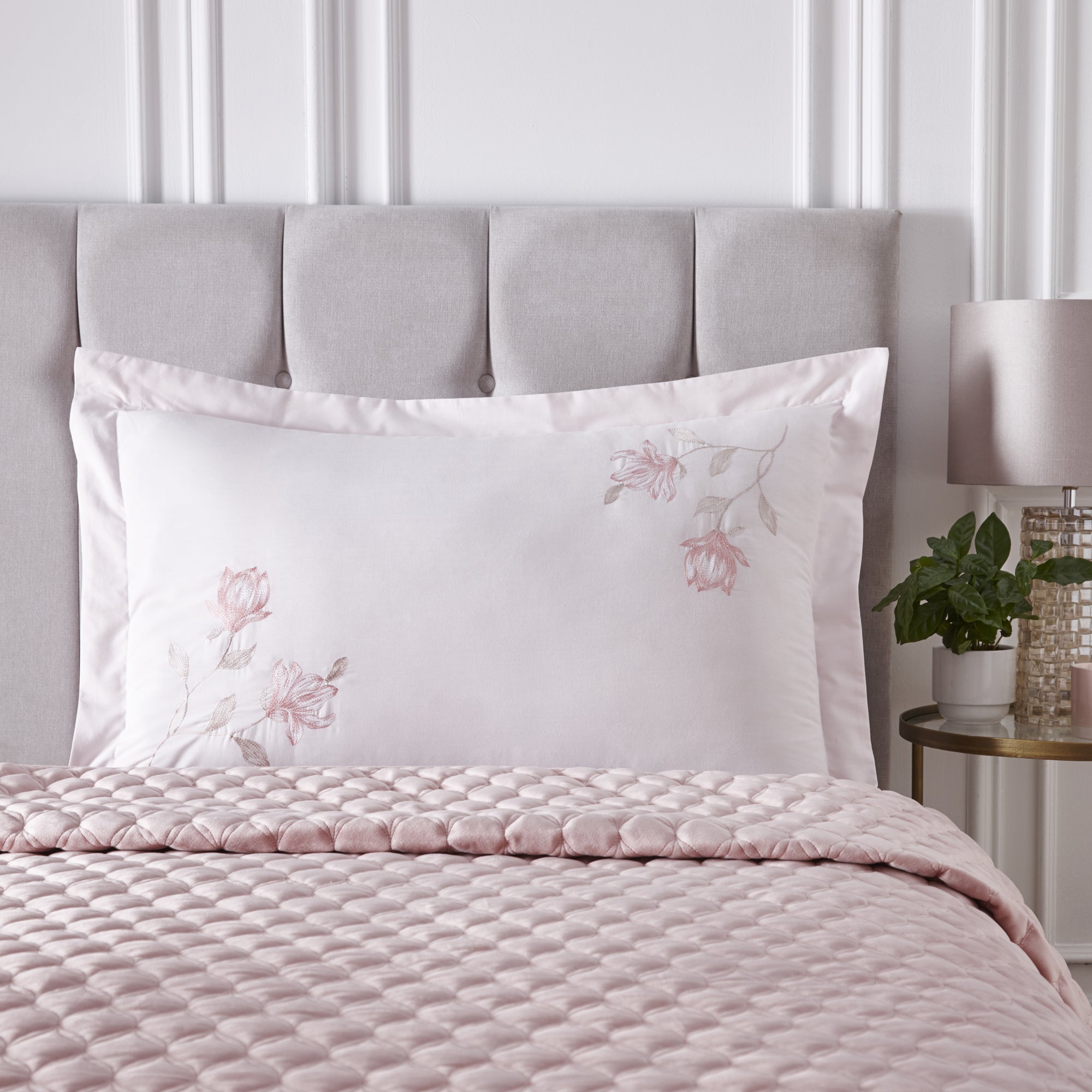 Magnolia Pink Embroidered Oxford Pillowcase | Dunelm