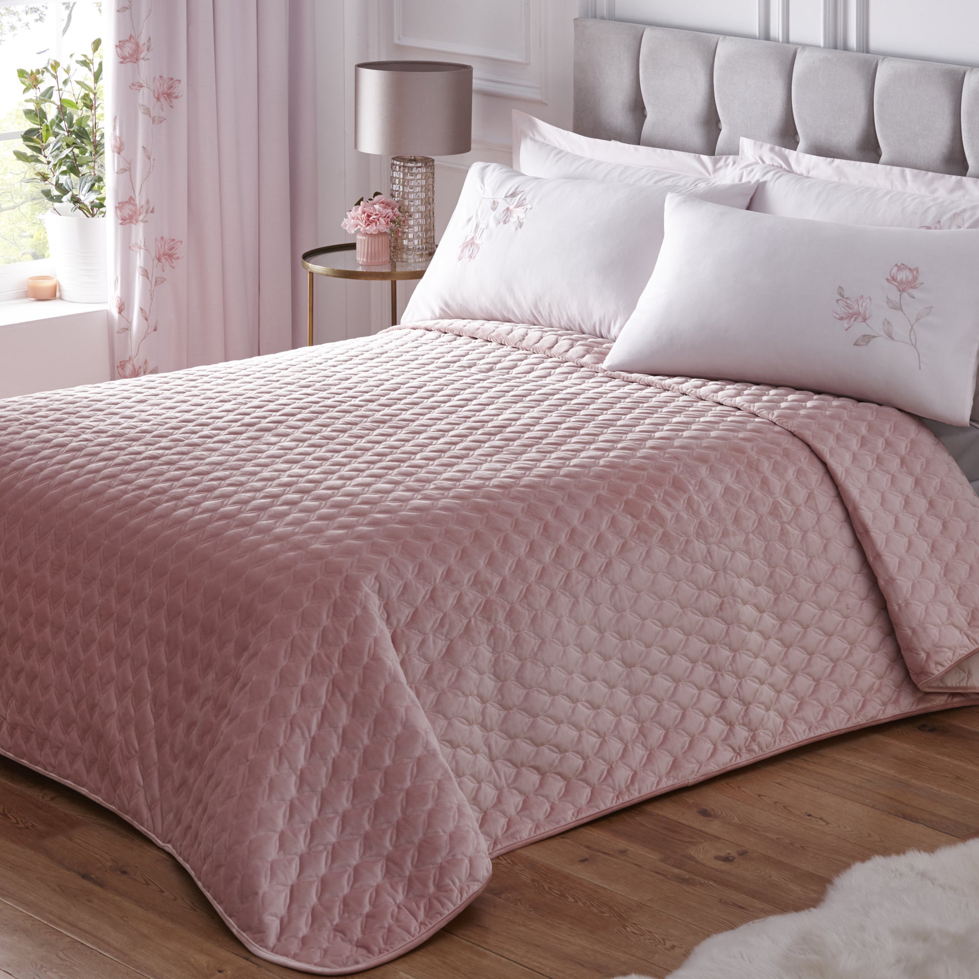 Magnolia Pink Velvet Quilted Bedspread Dunelm