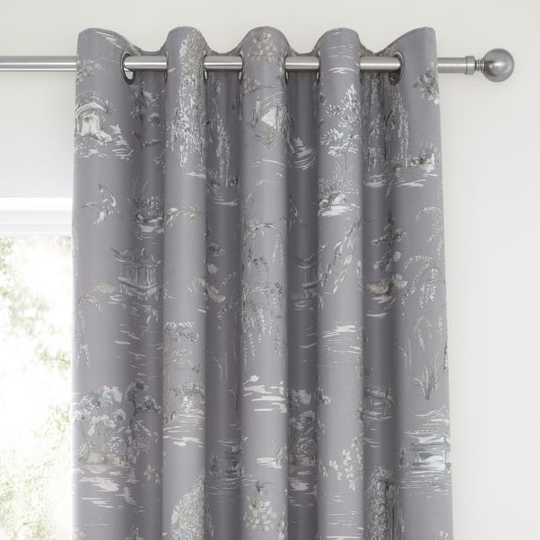 Chinoiserie Grey Blackout Eyelet, Black And Grey Curtains