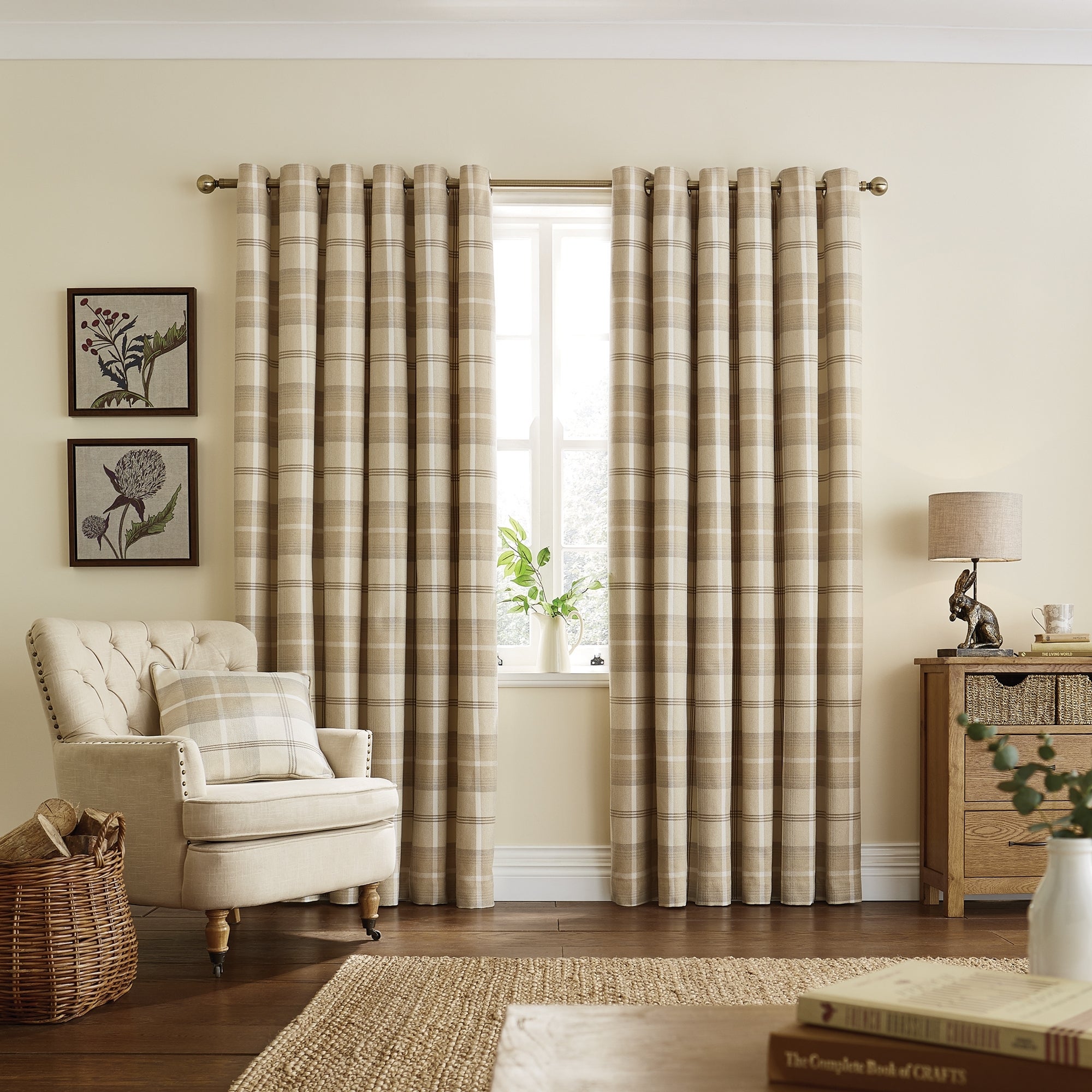 Highland Check Natural Eyelet Curtains | Dunelm