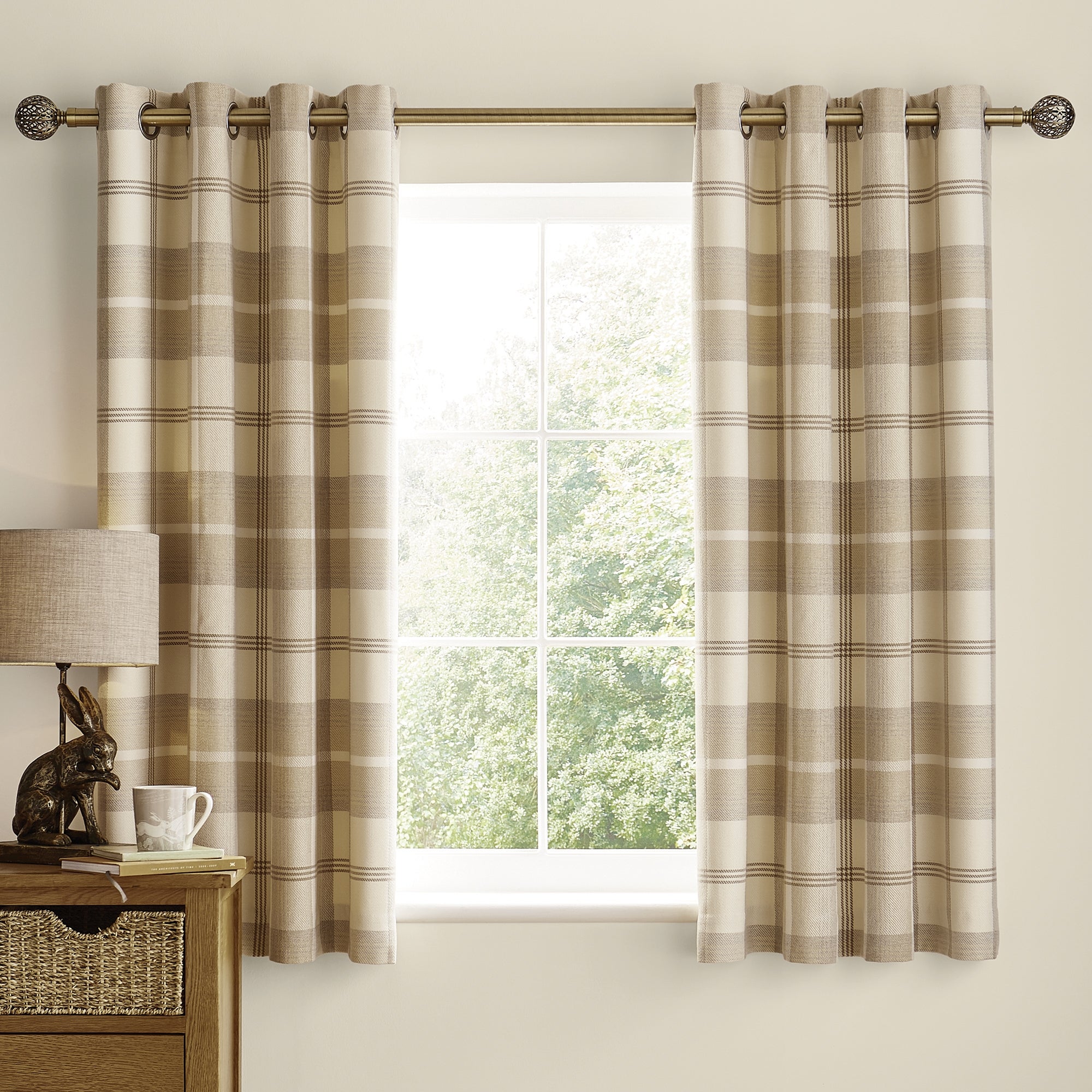 Highland Check Natural Eyelet Curtains | Dunelm