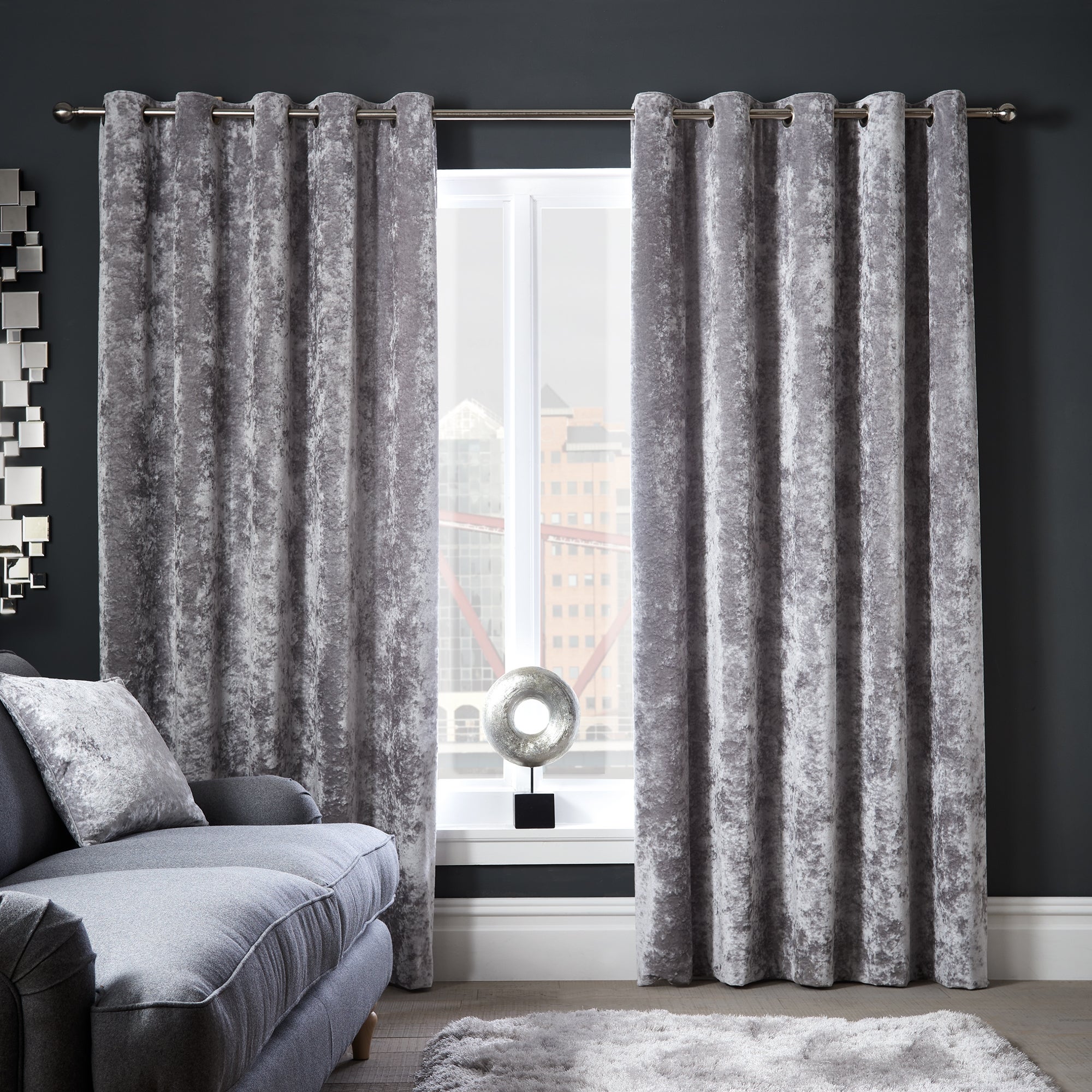 Crushed Velour Silver Eyelet Curtains | Dunelm