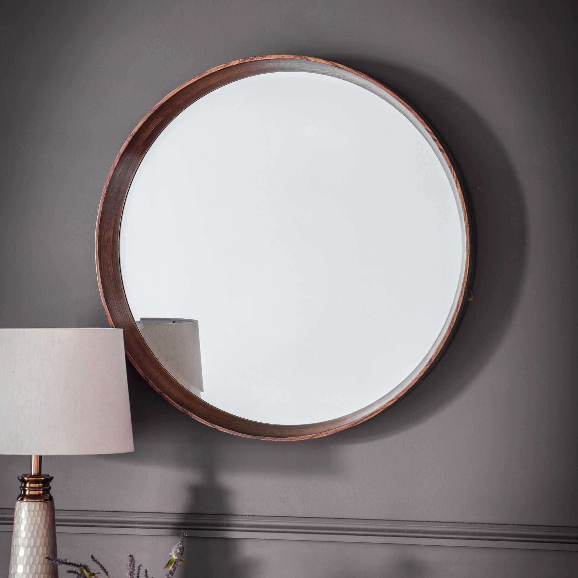 Click to view product details and reviews for Sutton Round Mirror Walnut 100cm Brown.