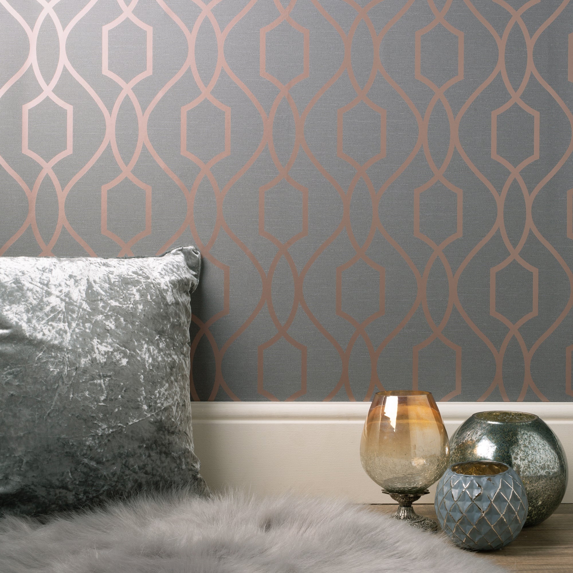 Photos - Wallpaper Apex Trellis Sidewall Copper  Grey and Gold 