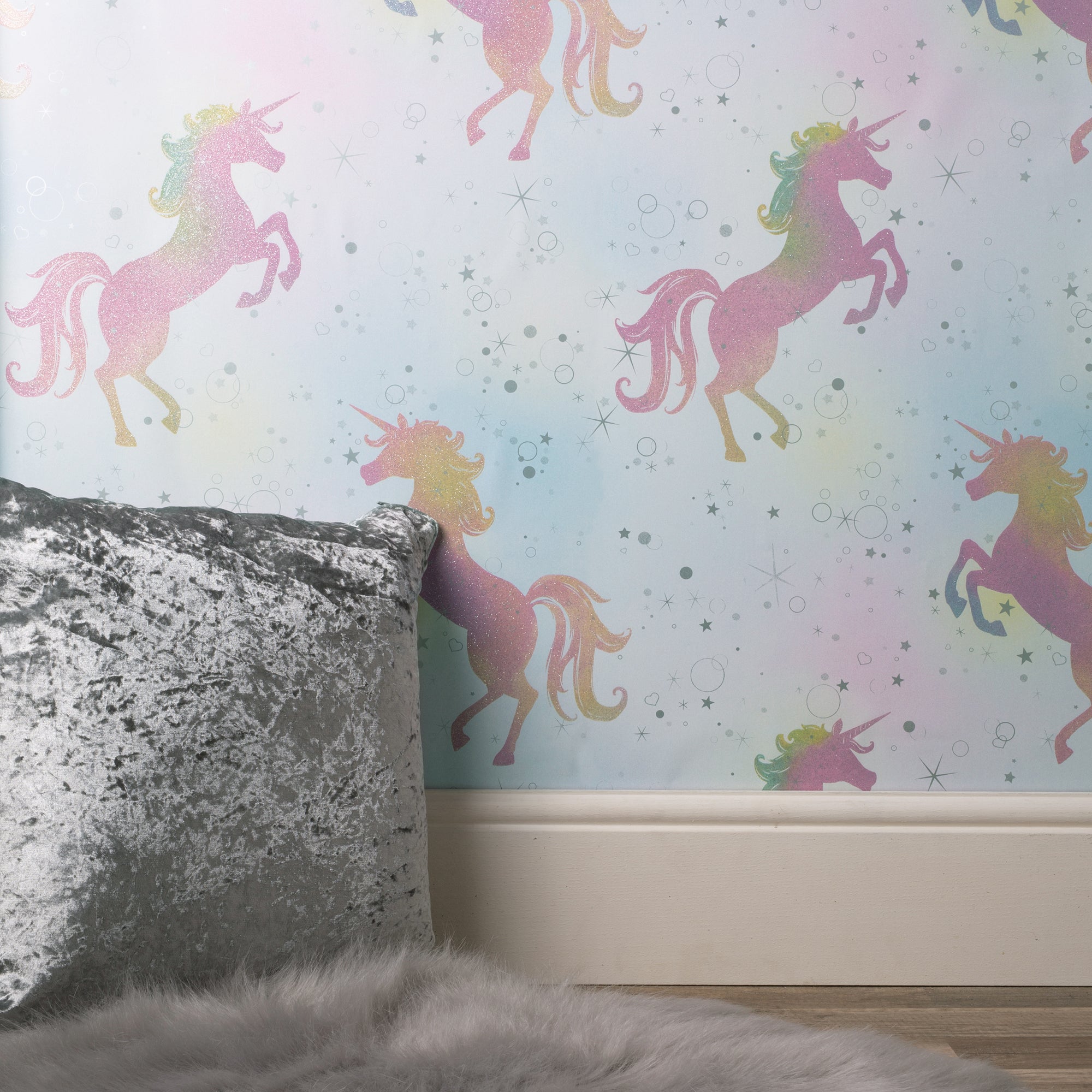 Click to view product details and reviews for Coloroll Dancing Unicorn Pink Wallpaper Pink Blue Green.