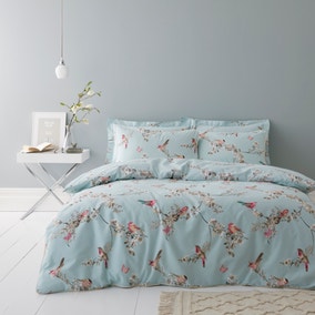 Beautiful Birds Duck-Egg Duvet Cover and Pillowcase Set