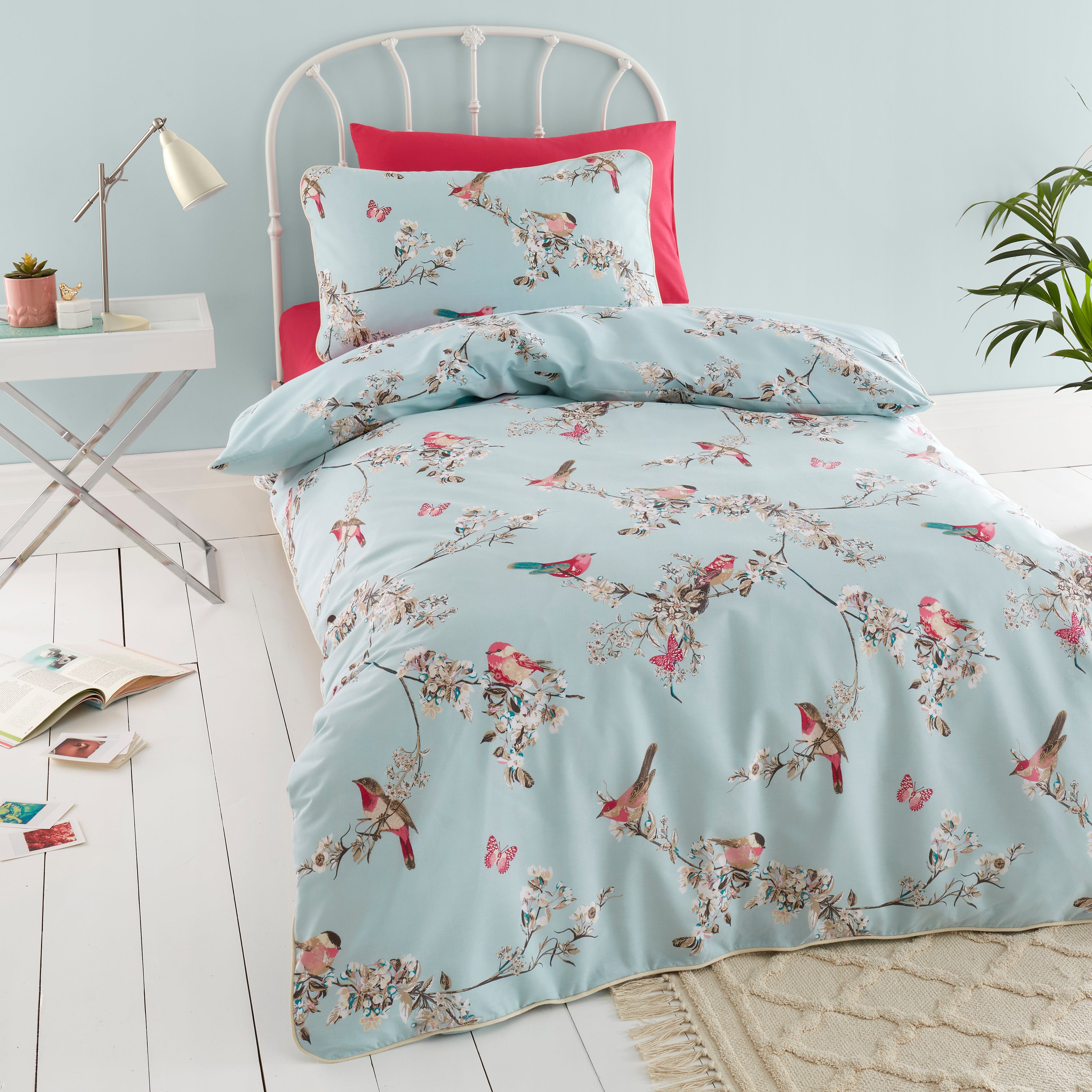 Beautiful Birds Duck-Egg Duvet Cover and Pillowcase Set | Dunelm