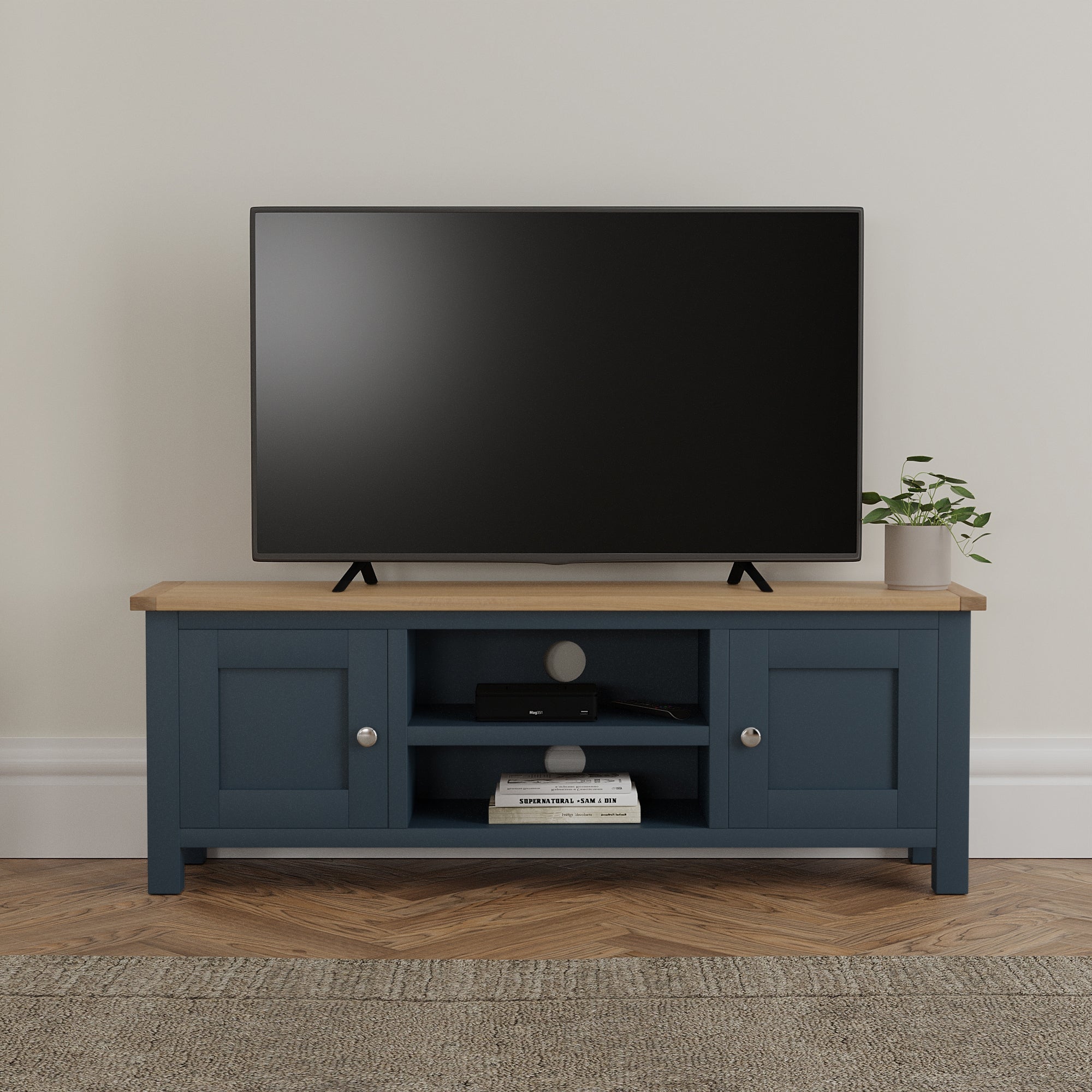 Bromley Blue Wide Tv Stand Blue And Brown