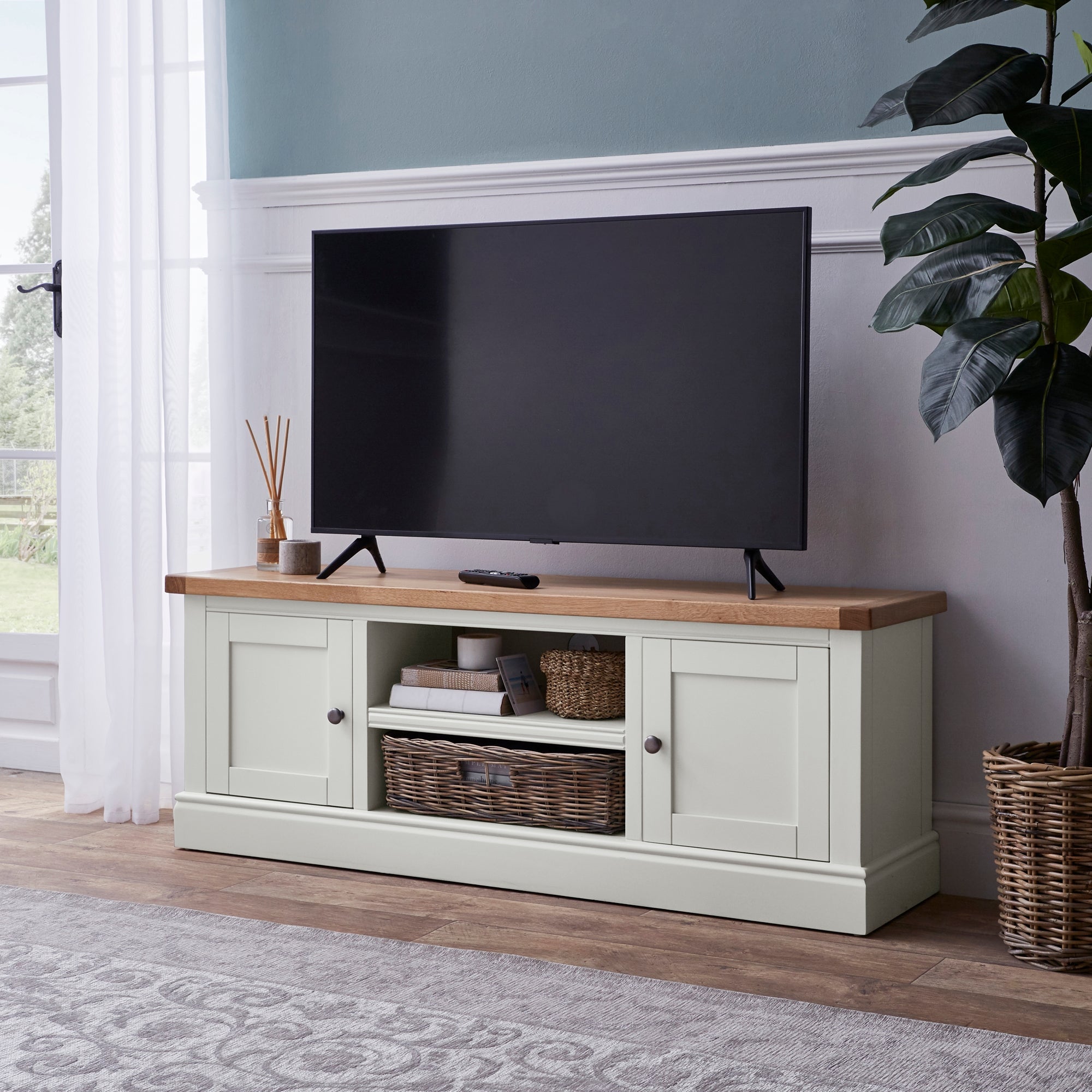 Compton Ivory Wide Tv Stand With Baskets Cream And Brown