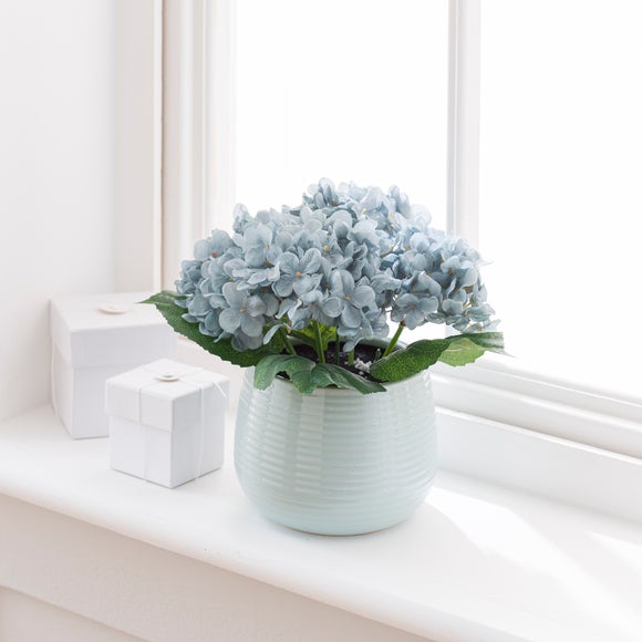 Artificial Teal Hydrangeas In Ceramic Plant Pot