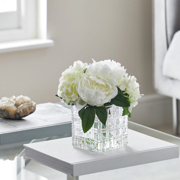 Artificial Hydrangea White in Glass Cube Vase 23cm White