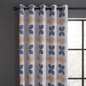 Linear Retro Floral Teal Eyelet Curtains