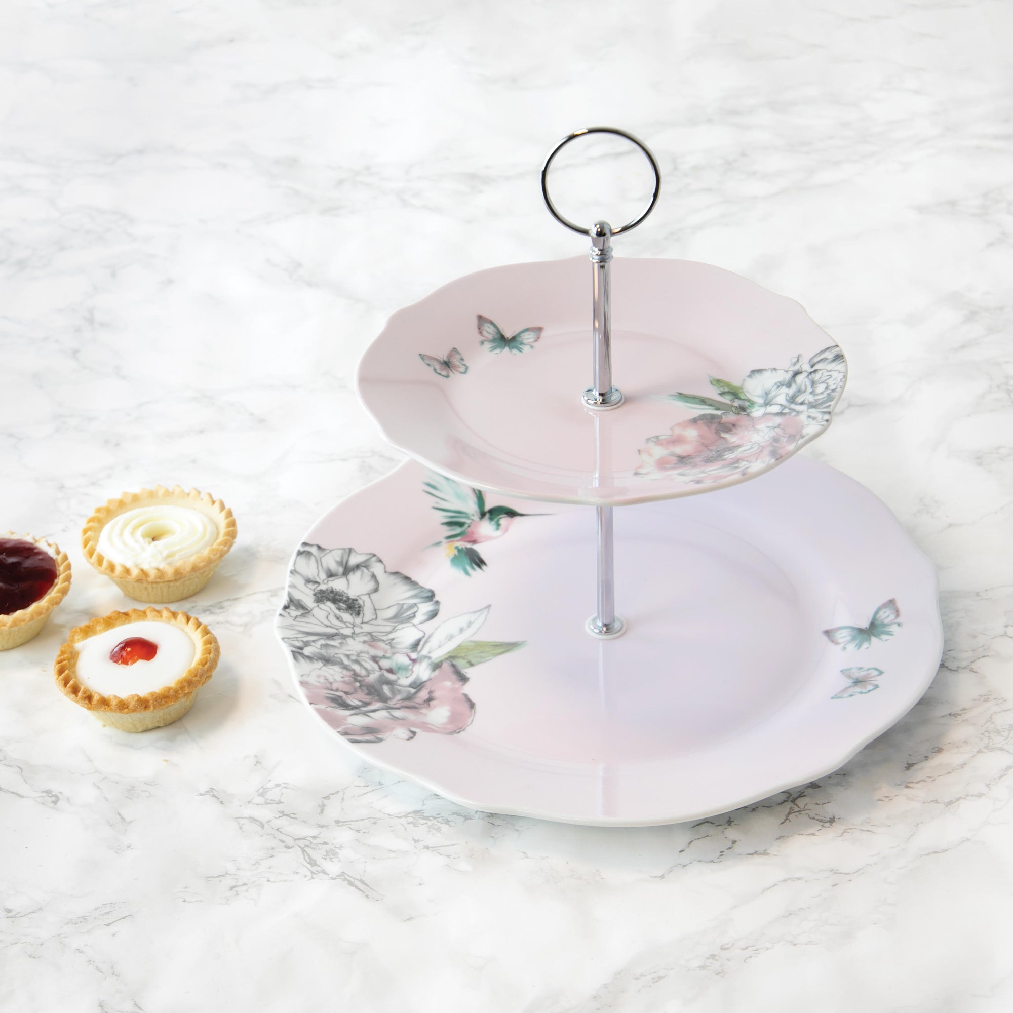 Heavenly Hummingbird Blush 2 Tier Cake Stand Dunelm