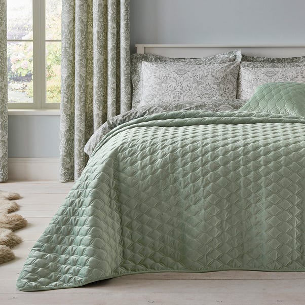 Evesham Green Quilted Velvet Bedspread image 1 of 1