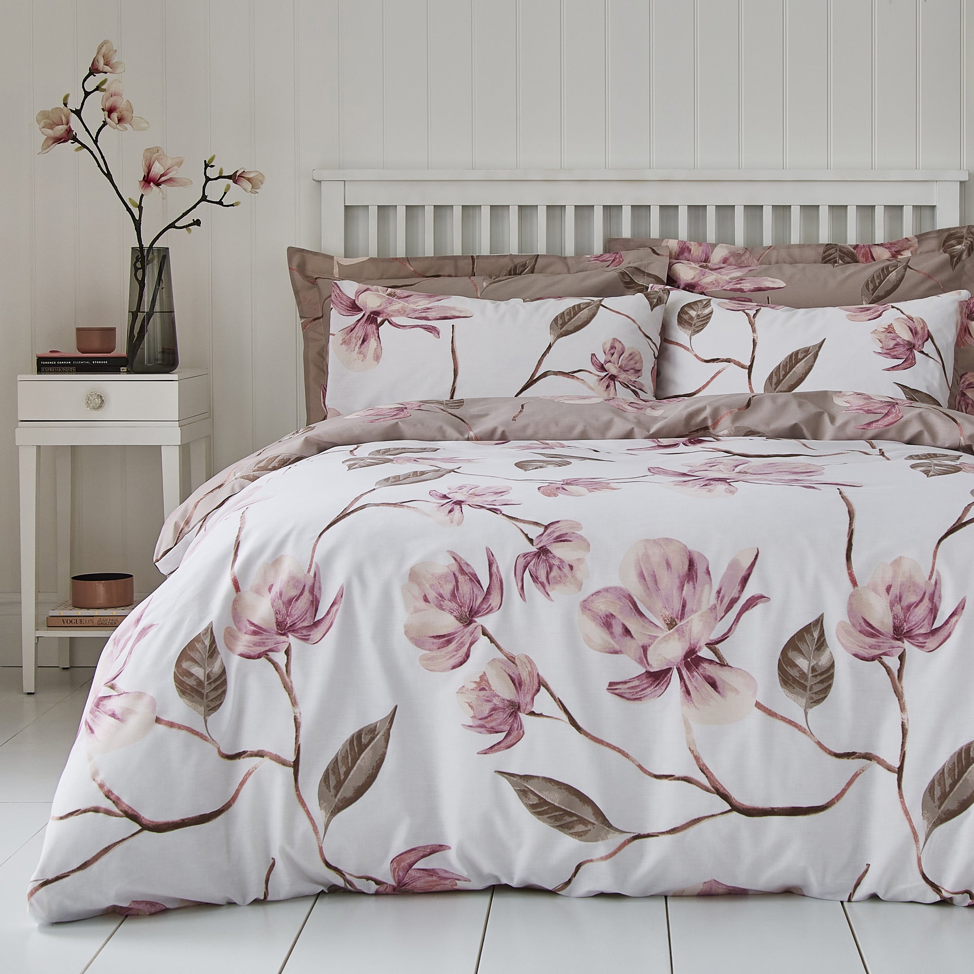 Lois Large Floral Pink Duvet Cover And Pillowcase Set Pink Brown And White