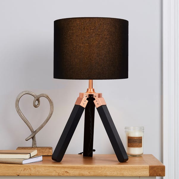 Trio Tripod Black And Copper Table Lamp, Small Table Lamp With Black Shade