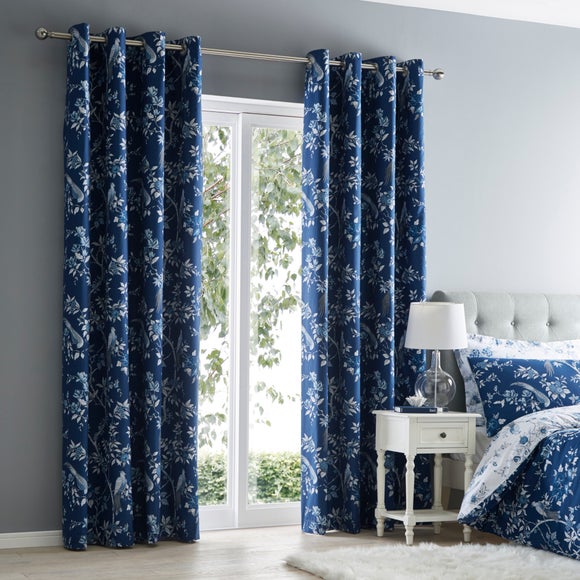 Oriental Bird Blue Blackout Eyelet Curtains Dunelm   30691019 