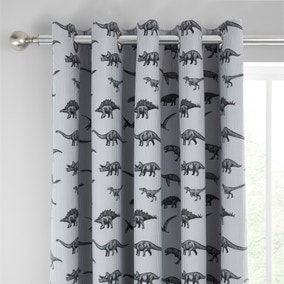 Grey Dinosaur Friends Cotton Thermal Blackout Eyelet Curtains