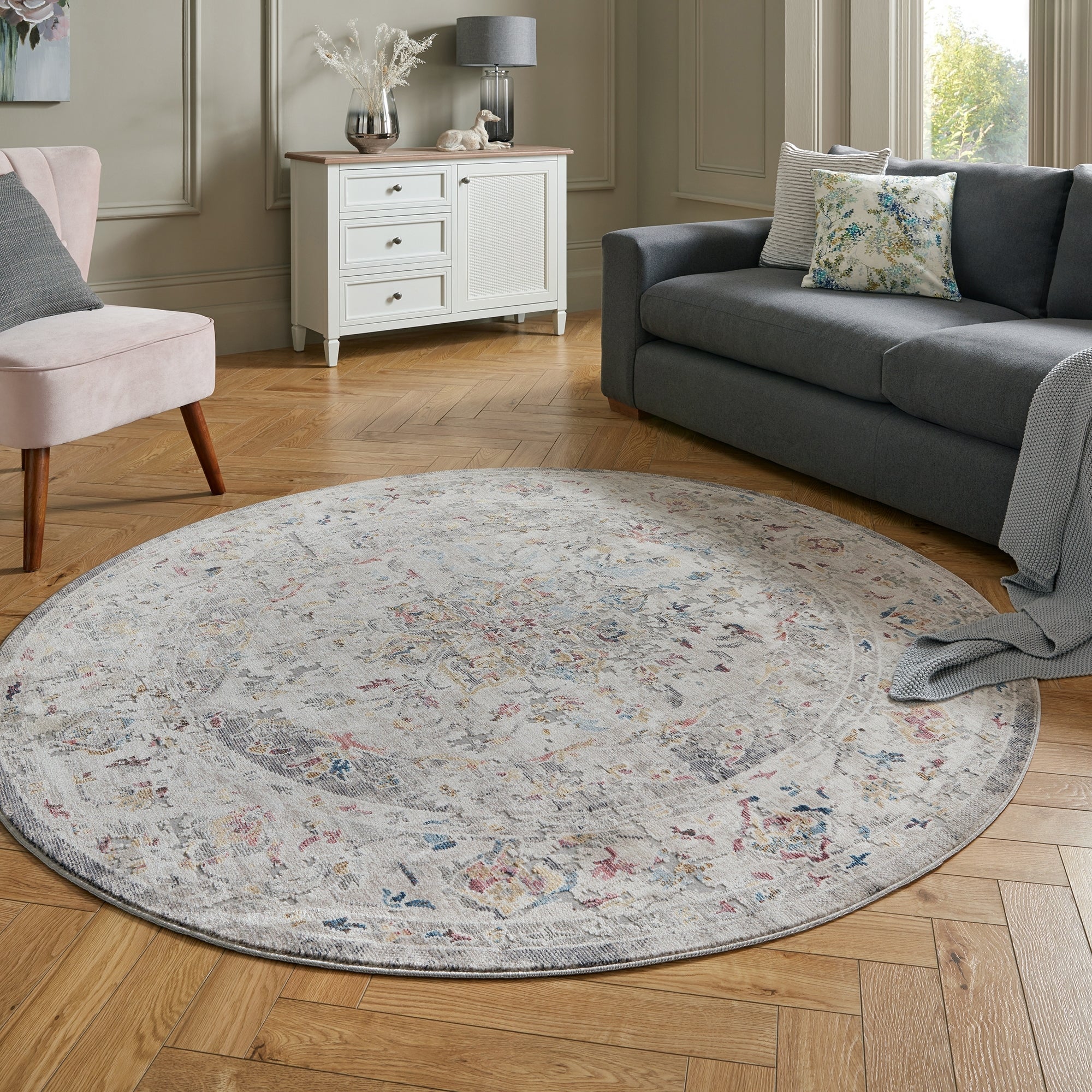 Soraya Traditional Round Rug Silver Beige And Blue