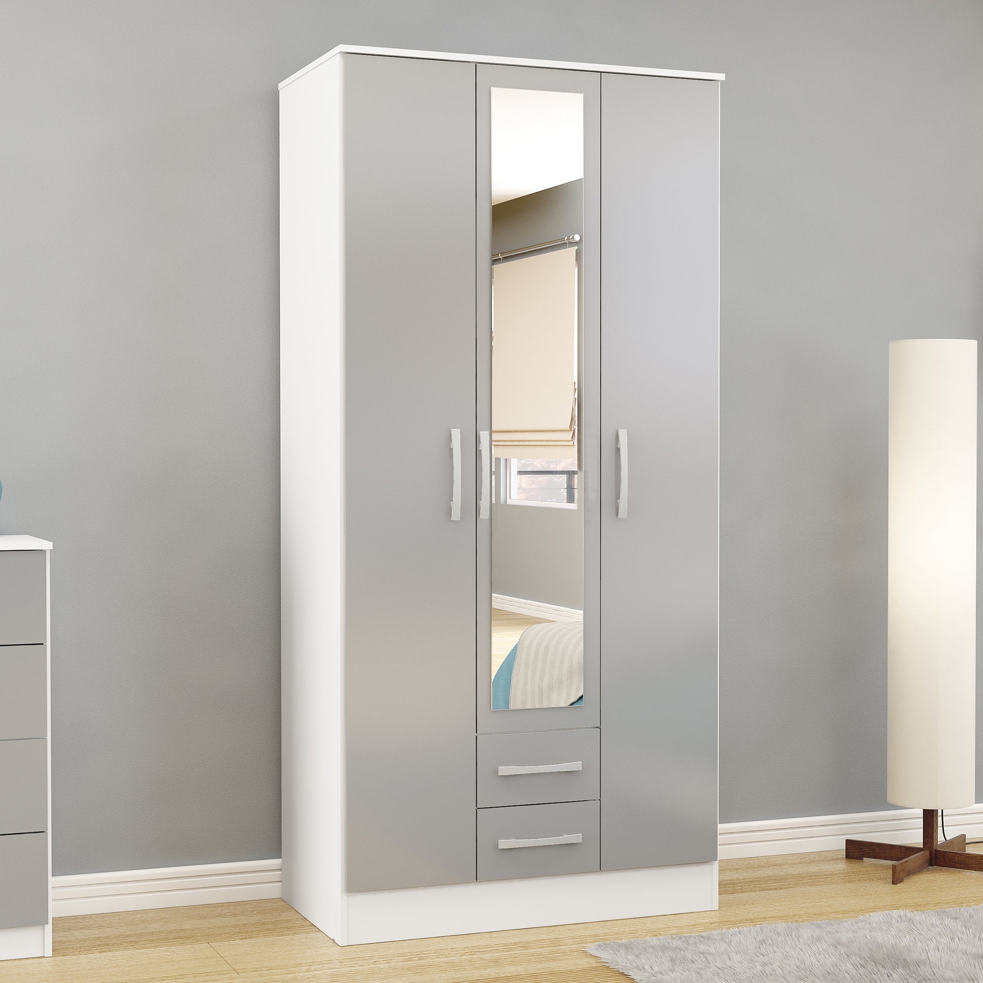 Lynx Triple Wardrobe Mirrored Grey