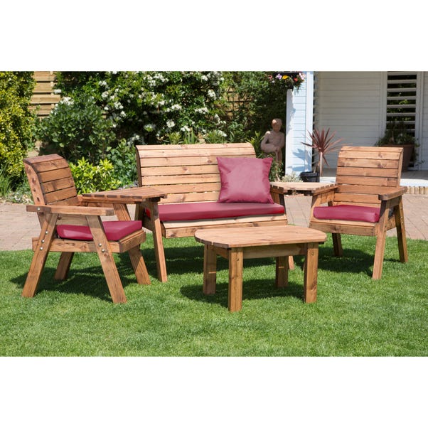 Charles Taylor 4 Seater Wooden Conversation Set with Burgundy Seat Pads