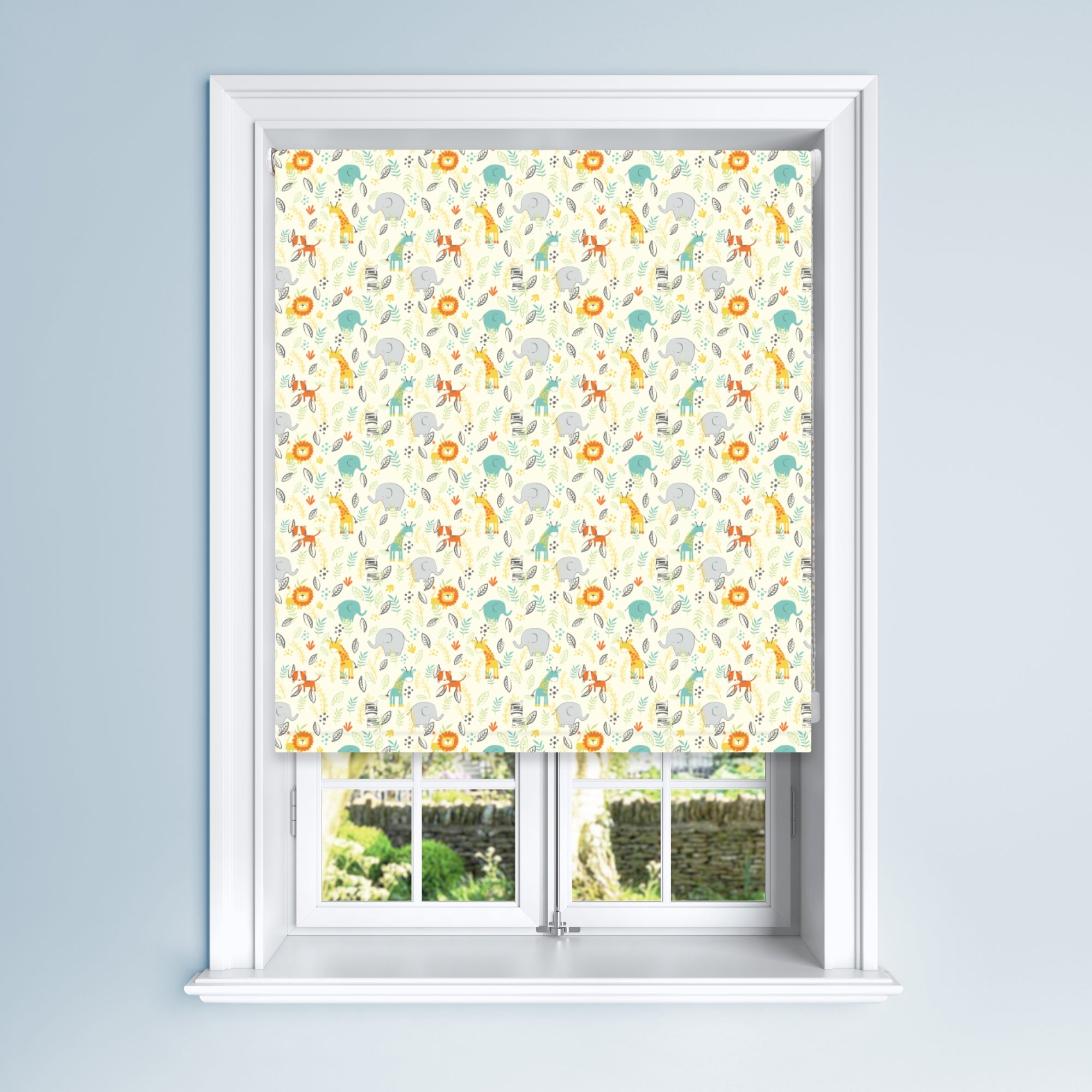 Photo of Blue zoo friends blackout roller blind blue- yellow and orange