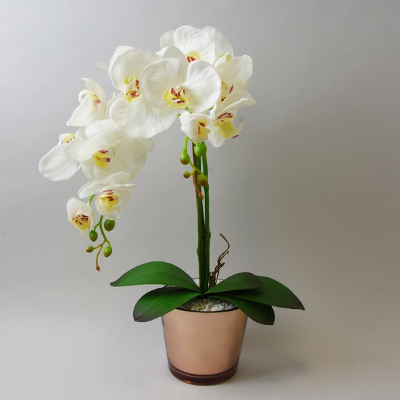 Artificial Cream Orchid In Gold Glass Plant Pot