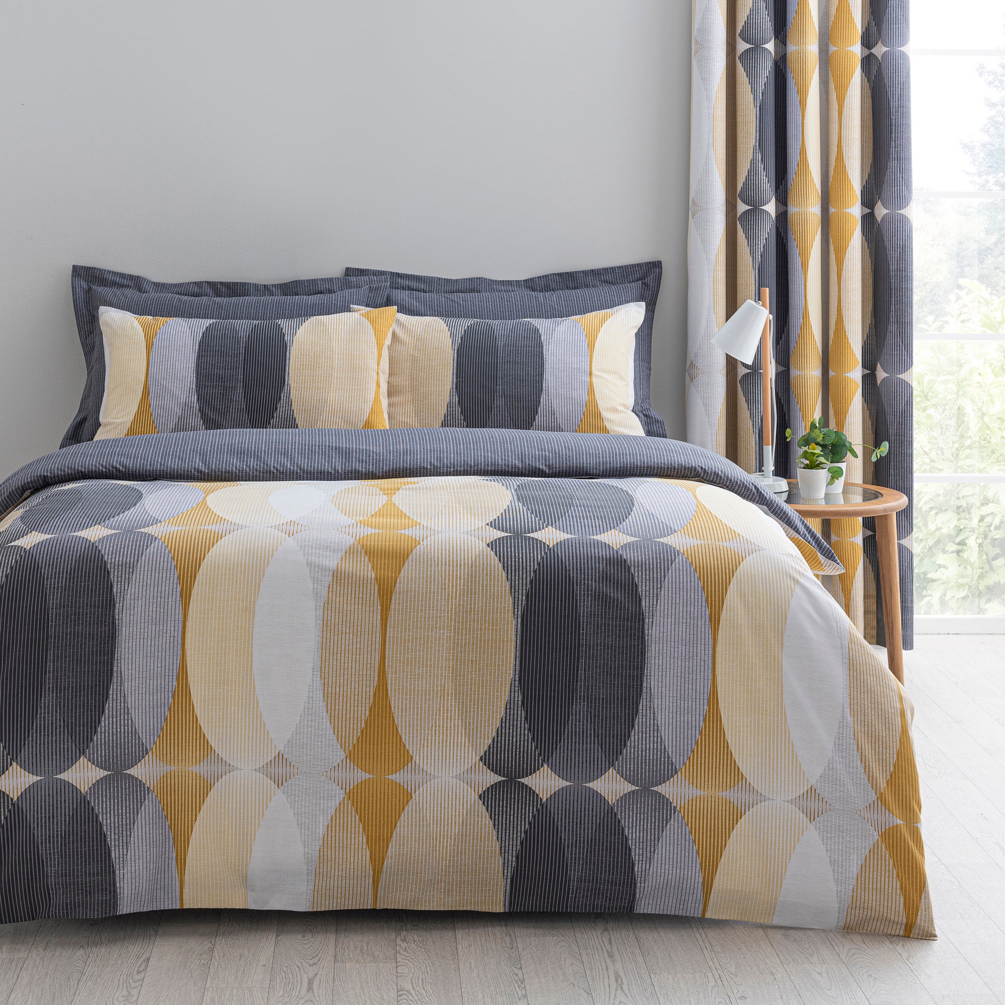Elements Elijah Ochre Reversible Duvet Cover And Pillowcase Set Yellow Blue And White